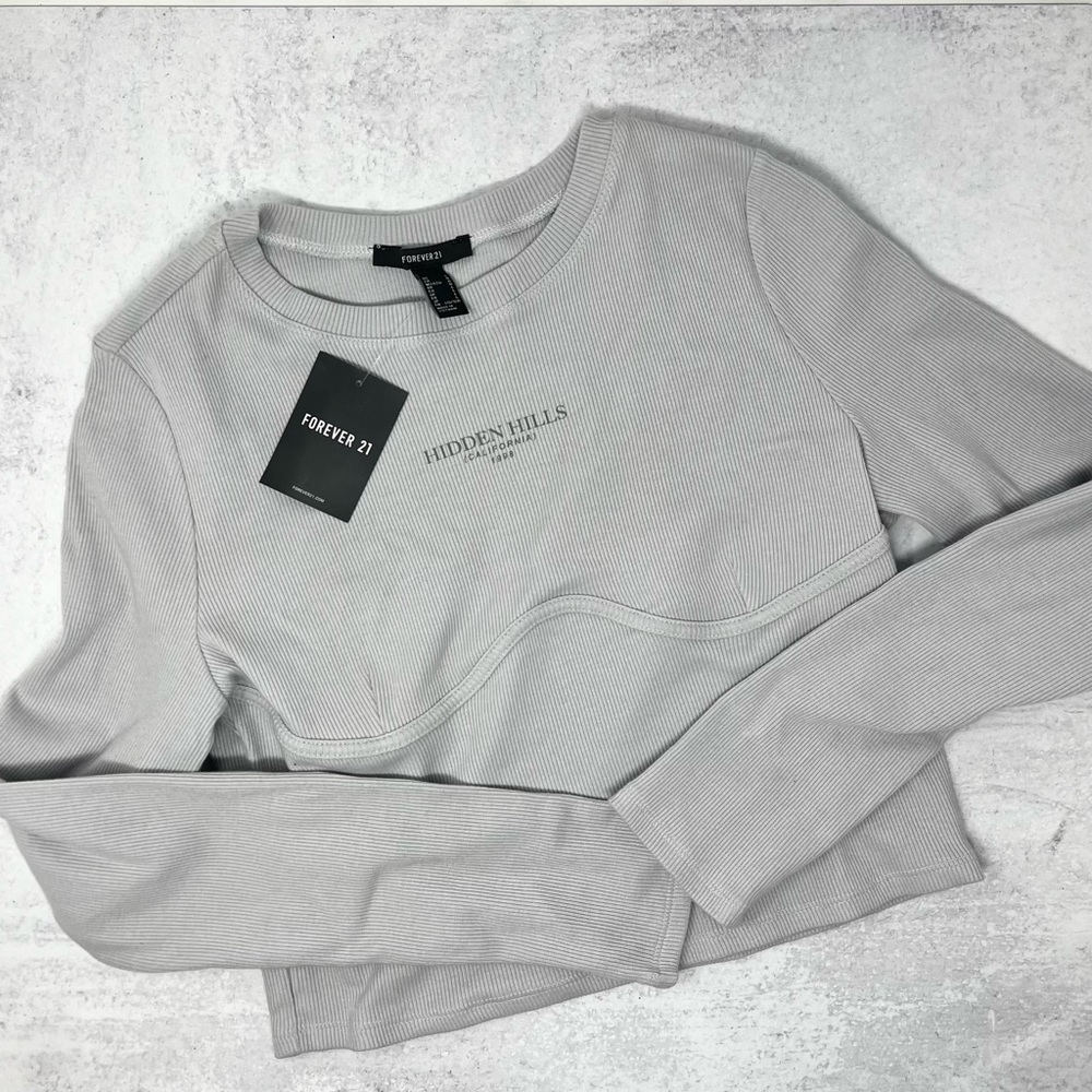 NWT Forever 21 Purple Grey Long Sleeve Hidden Hills California Crop Top Size L